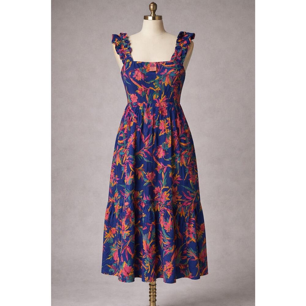 NWT J.Crew Floral Ruffle Strap Midi Dress Blue Pink Tropical Smocked Back Size 8
